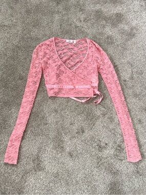 Y2K 2000s Vtg JLo Jennifer Lopez Pink Peach Crop Wrap Lace Long Sleeve Top XS